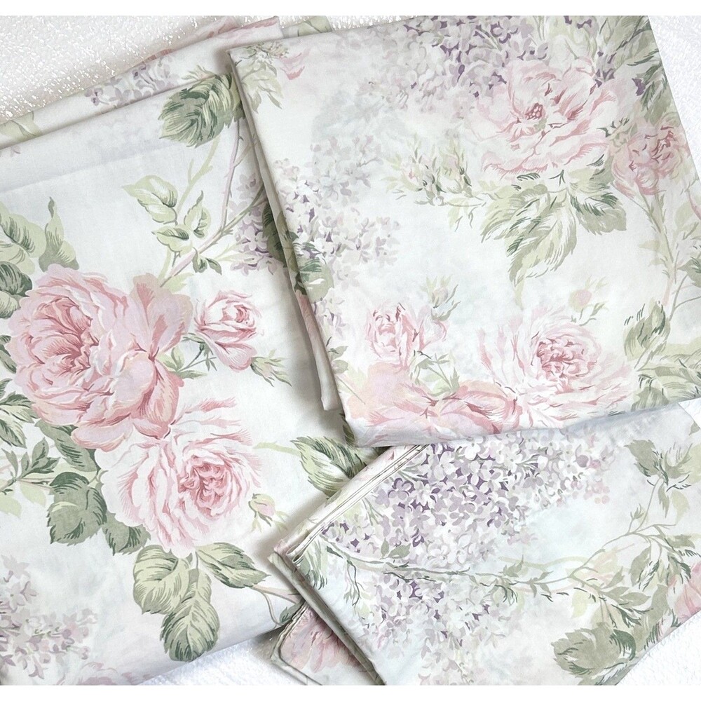 Vintage Cannon King Flat Sheet 2 Std Queen Pillowcase Pink Floral Luxury Percale